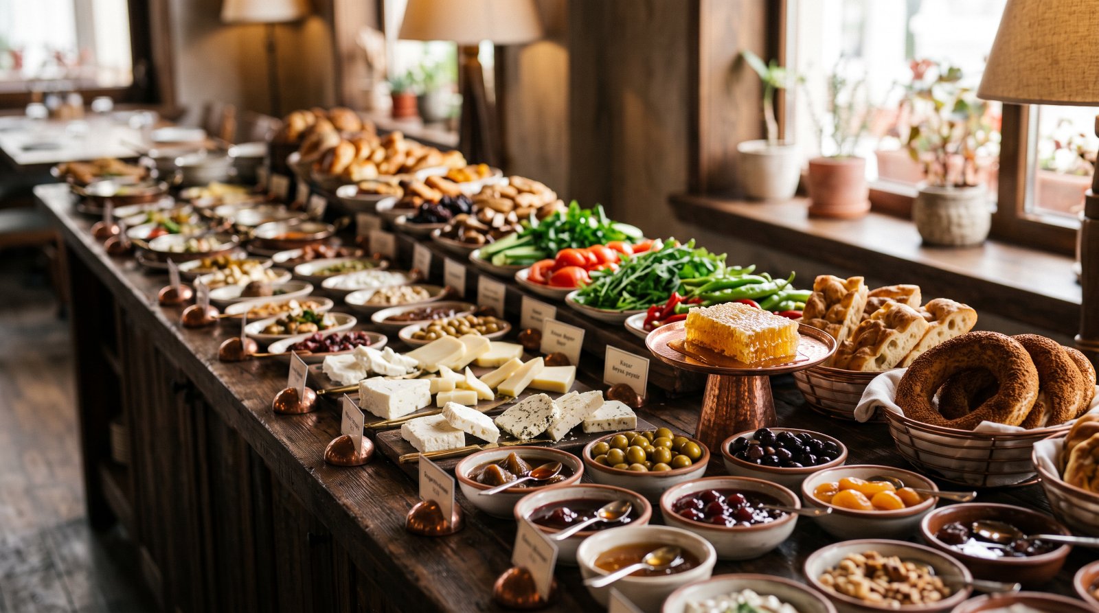 Lange Buffettheke mit Käse, Oliven, Honig, Marmeladen und frischem Brot