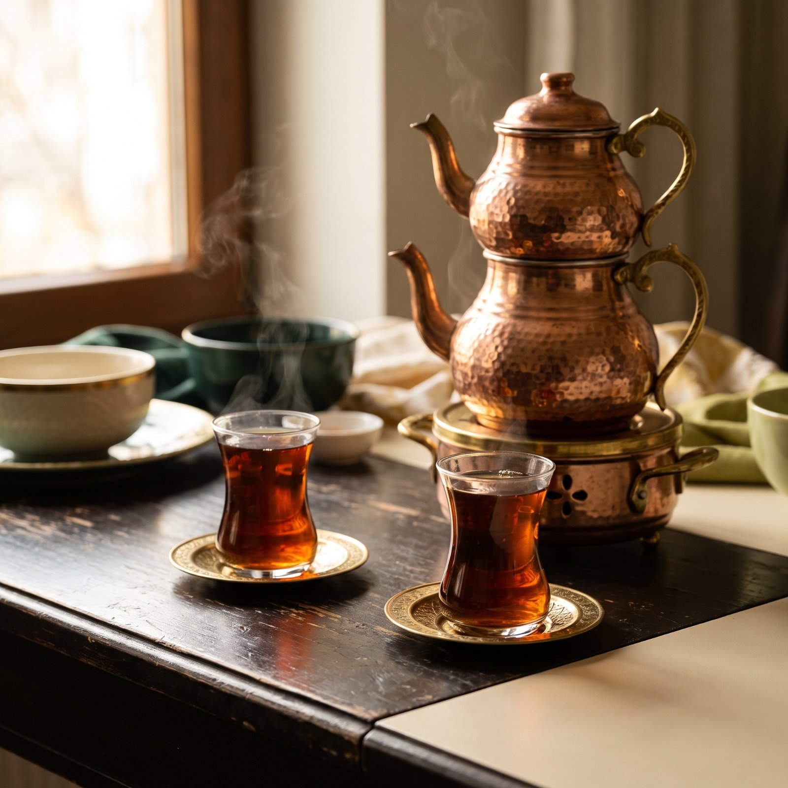 Zwei Teegläser mit Çay vor einer Kupfer-Teekanne