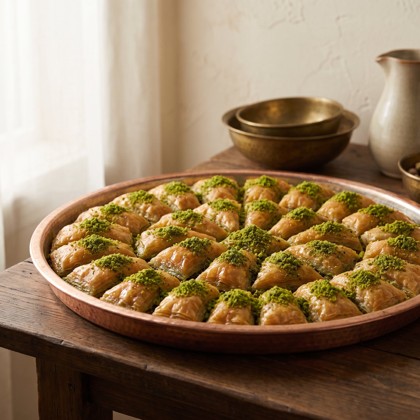 Kupfertablett mit Pistazien-Baklava