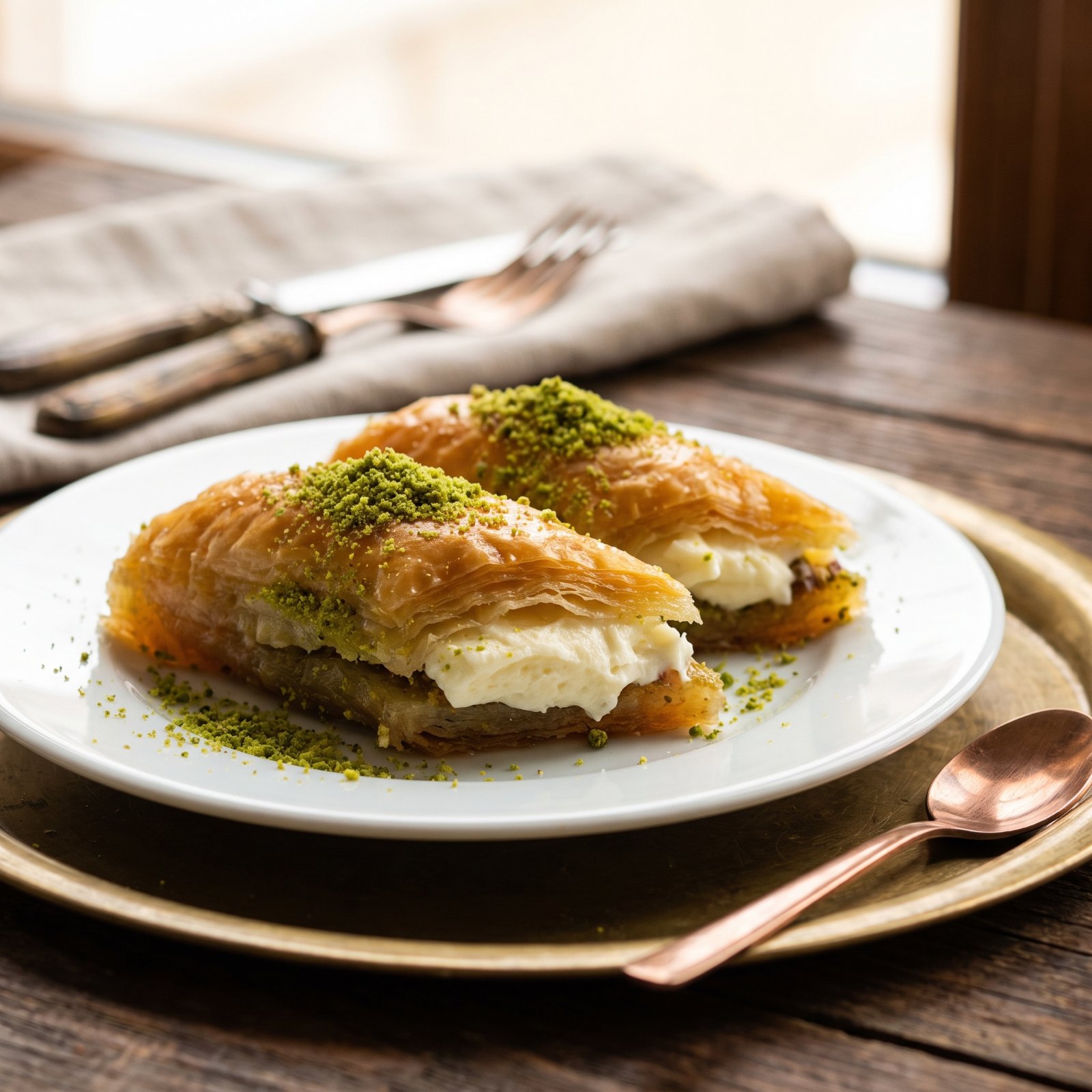 Zwei Stück Şöbiyet mit Kaymak und Pistazien